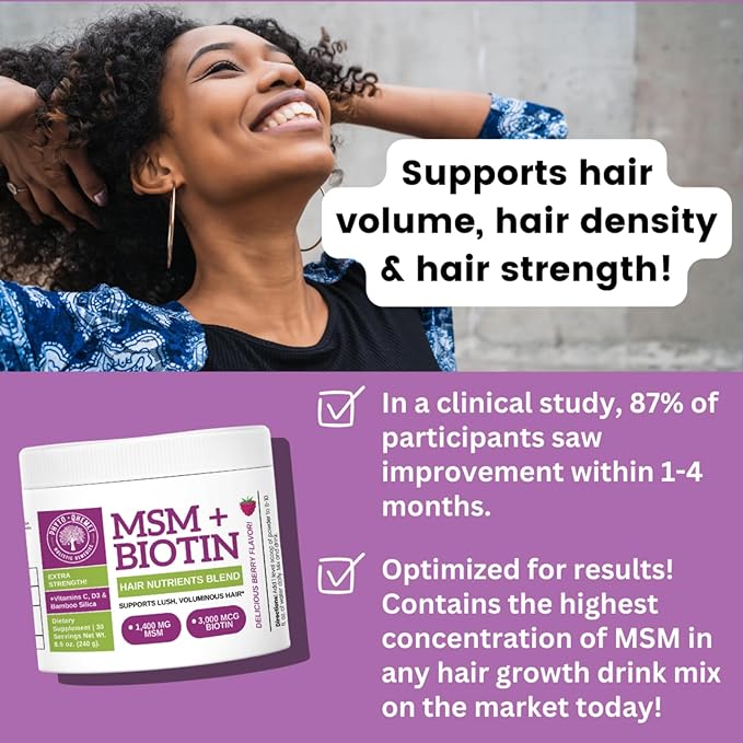 Qhemet Biologics MSM + Biotin Hair Nutrient Drink Mix - Vitamins Powder to Support Lush Volume - Bamboo Silica & Vitamins D3 + B12 for Hair Health - Jumpstart Your Hair Growth Journey (8.5 oz)