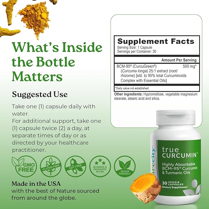 NatureCity True-Curcumin Turmeric Supplement | Non-GMO Tumeric and Curcumin 500mg Curcuma Capsules Vitamin Supplements | Up to 700% Increase in Absorption (90 Day Supply) | Supports Joints