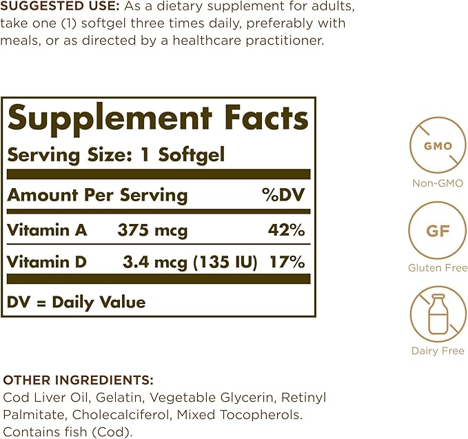 Solgar Cod Liver Oil - 250 Softgels - Provides Vitamins A & D - Non-GMO, Gluten Free - 250 Servings
