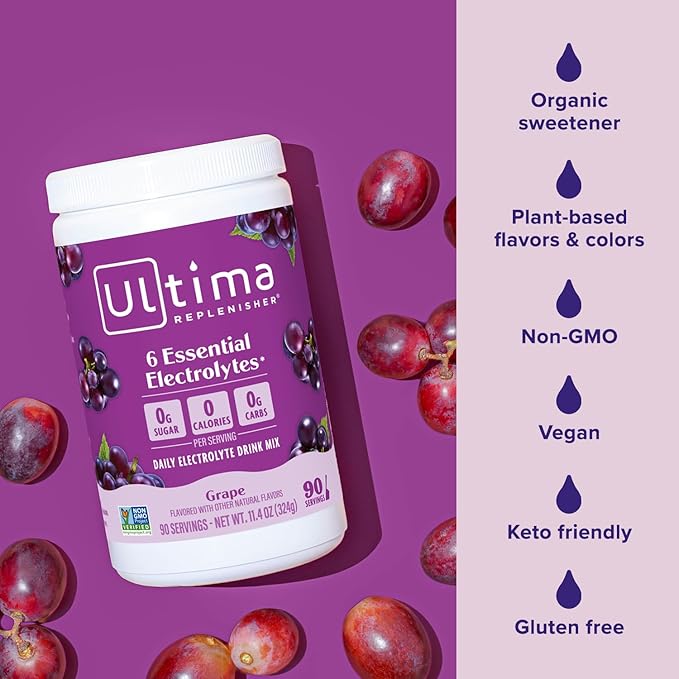 Ultima Replenisher Daily Electrolyte Powder Drink Mix, 90-Serving Canister | Zero Sugar Grape Hydration Powder with 6 Electrolytes & Minerals - Sugar Free, Plant-Based & Keto Friendly