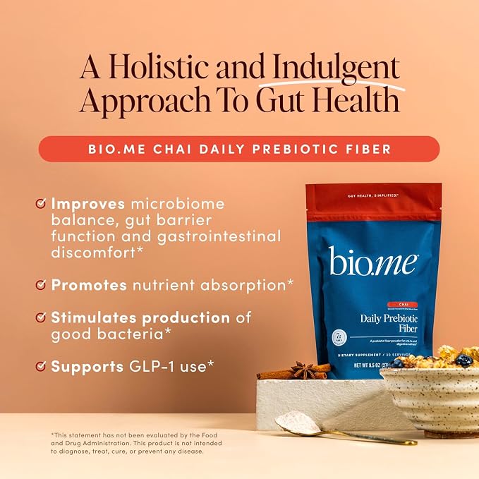Bio.me Daily Prebiotic Fiber Powder Chai - 7g Per Serving - Soluble & Insoluble Fiber Supplement Powder for Women & Men - Digestive Health & Gut Health - GLP-1 Friendly, Sugar Free - 30 Servings