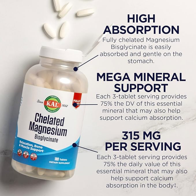 KAL Chelated Magnesium Bisglycinate, Magnesium Supplement for Relaxation, Bone Health, Nerve & Muscle Function Support*, High Absorption, Gentle Digestion, Vegan, Gluten Free, 60 Servings, 180 Tablets