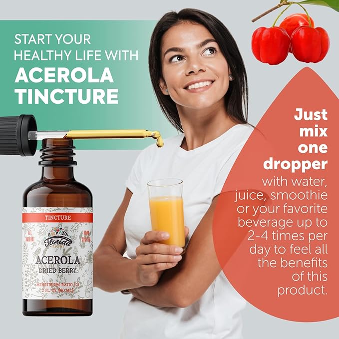Acerola Tincture (Vitamin C), Organic Acerola Extract (Malpighia Glabra) Dried Berry for Blood, Heart, Arteries, Non-GMO in Cold-Pressed Organic Vegetable Glycerin, Florida Herbs Supplements