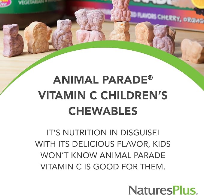 NaturesPlus Animal Parade Vitamin C Children's Chewable - Natural Orange Juice Flavor - 90 Animal-Shaped Tablets - Vegan, Vegetarian, Gluten Free - 45 Servings