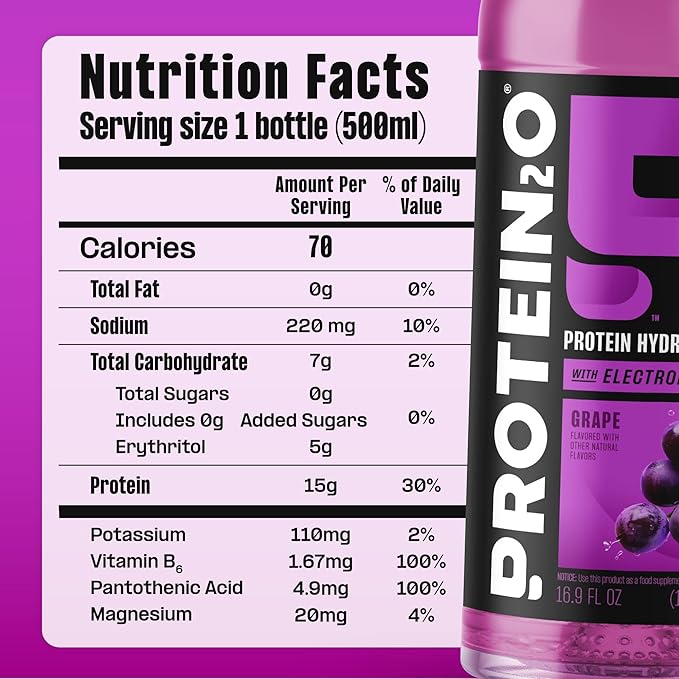 Protein2o 2-in-1 Clear Whey Protein & Electrolyte Beverage, 15g Protein, Gluten-Free, 16.9 fl oz Bottles, Grape (Pack of 24)