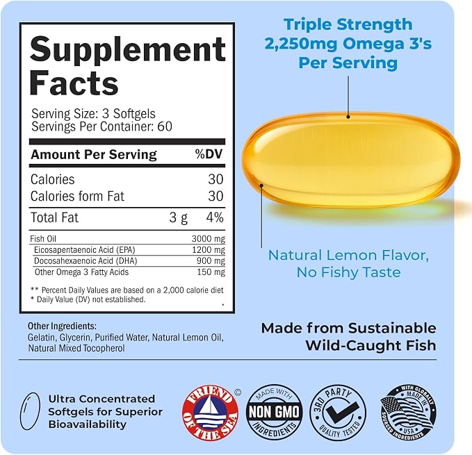 Triple Strength Omega 3 Fish Oil 3000mg - High Potency Omega 3 Supplement for Women and Men, Burpless Lemon Flavor Fish Oil - 2250mg Essential Fatty Acids with DHA & EPA, Wild Caught, 180 Softgels
