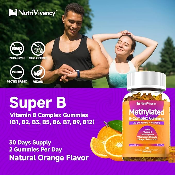 Methylated Vitamin B Complex Gummies, All B Complex Vitamins for Women Men, with Omega-3, Ashwagandha, Magnesium, Vitamin C, CoQ10, TMG for Energy Support, B1, B2, B3, B5, B6, B7, Sugar Free, 60 Count