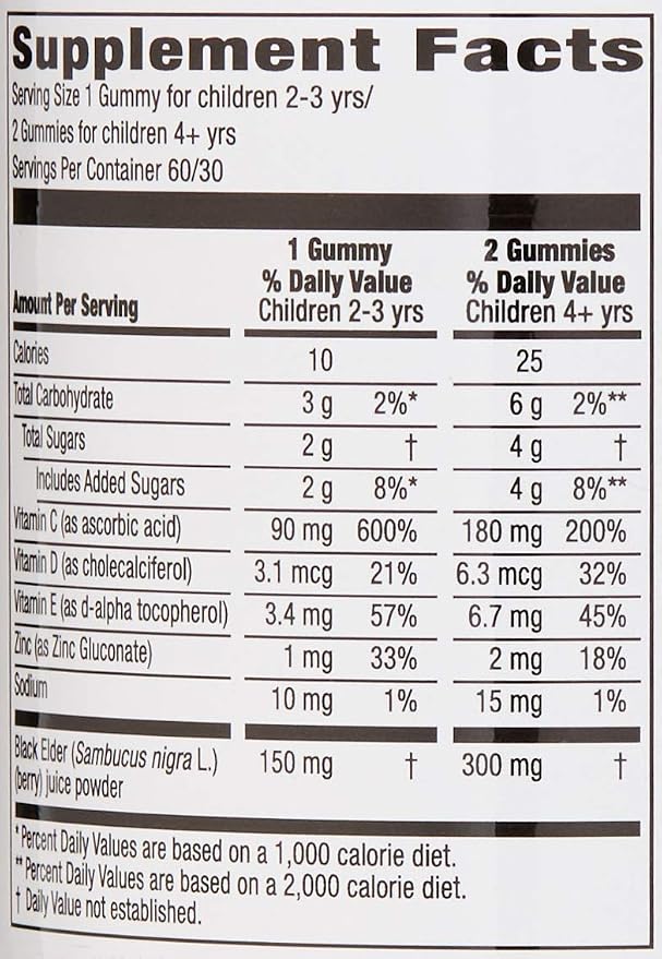Amazon Brand - Mama Bear, Vegetarian Kids Black Elderberry Gummies 300 mg with Vitamins C, D, E and Zinc - Immune System Support - 60 Gummies (1 to 2 Month Supply), Non-GMO, Gluten Free (Pack of 2)