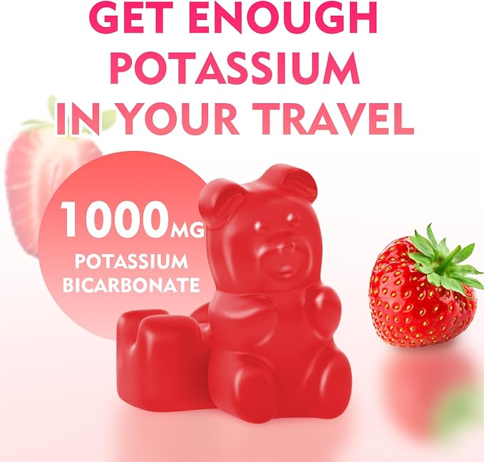 Potassium Gummies, Potassium Bicarbonate Supplement for Adults & Kids, Potassium Supplement for Electrolyte Balance & Muscle Heath, Sugar-Free, Strawberry Flavor, 60 Count