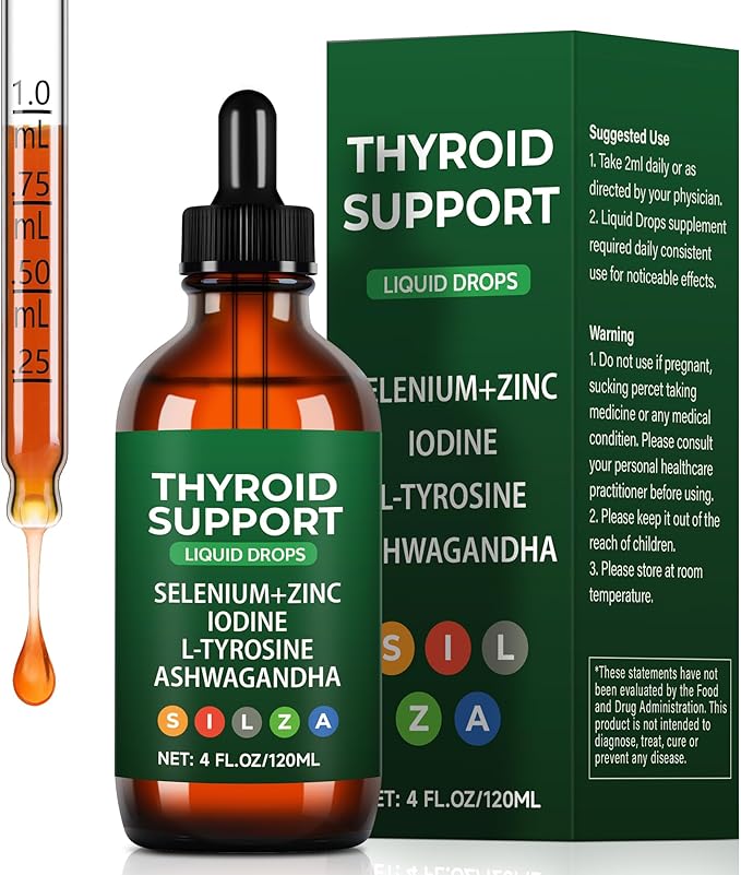 Thyroid Support Complex Liquid Drops for Women & Men - High Potency Iodine, Zinc, Selenium & Ashwagandha for Cortisol & Stress Relief - Natural Metabolism & Energy Booster - 4 oz (120ml)