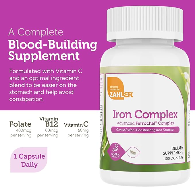 Zahler - Iron Supplement with Vitamin C - Capsule Iron Pills for Women and Men - High Absorption, Easy on Stomach, Kosher Ferrous Iron Supplements with Vitamins C, B12, Folate & More - 100 Count