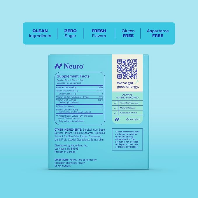 Neuro Energy & Focus Gum - 40mg Natural Caffeine Gum & Nootropic Energy Supplement with L-Theanine & B Vitamins - Sugar Free, Vegan - Peppermint, 54ct