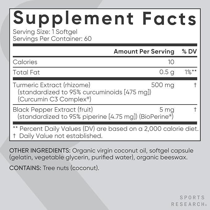 Sports Research® Turmeric Curcumin C3 Complex® w/BioPerine Black Pepper Extract & Organic Coconut Oil - Standardized 95% Curcuminoids · Non-GMO · Gluten Free - 60 Count Softgels