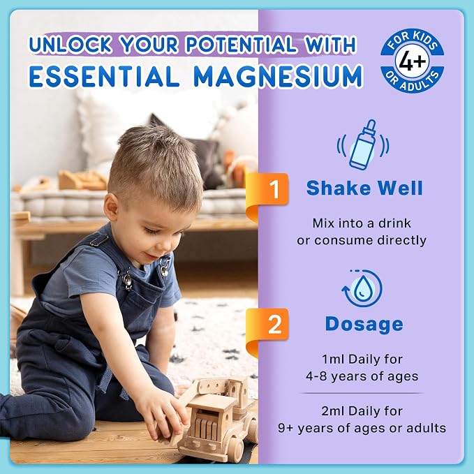 (2 Pack) Magnesium Glycinate Liquid for Kids, Kids Magnesium Liquid Drops Supplement with L-Theanine, Calcium, Zinc, Vitamin D3 K2 for Sleep Calm Relaxation Brain Bones Focus, Grape Flavor 4 Fl Oz
