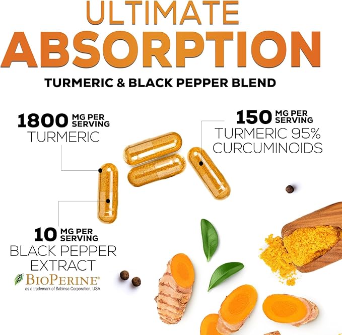 Turmeric Curcumin Supplement - 95% Curcuminoids with Organic Turmeric & BioPerine Black Pepper for Best Absorption - Daily Joint & Immune Health Support, Vegan, Non-GMO, Bottled in USA - 240 Capsules