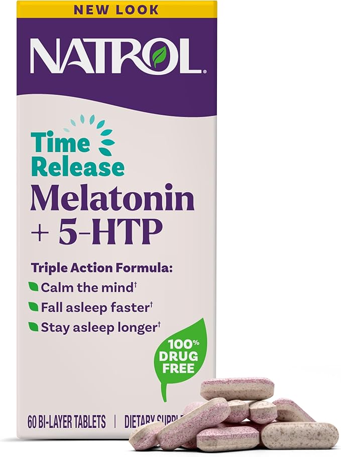 Natrol Melatonin + 5-HTP Time Release Sleep Aid, Triple Action Formula, Calm the Mind, Fall Asleep Faster and Stay Asleep Longer, 60 Bi-Layer Tablets, Up to a 60 Day Supply