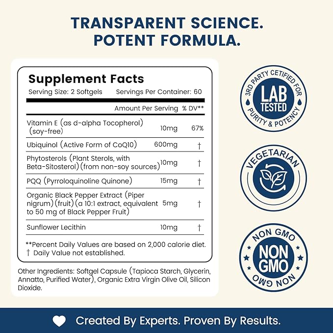 CoQ10 600mg Softgels,Ubiquinol Q10 Coenzyme Supplement,Coq 10 600mg Vitamins Maximum Absorption,Antioxidant Support for Heart Health & Energy