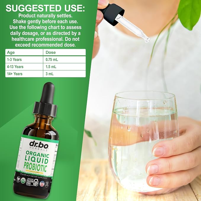 Organic Liquid Probiotic Drops Supplement - Organic Probiotics for Kids, Women & Men, Digestive Gut Health - Vegan Acidophilus Probiotics, Kid Flora Toddler Liquid Probiotic for Kids, Womens, Men 2 Oz