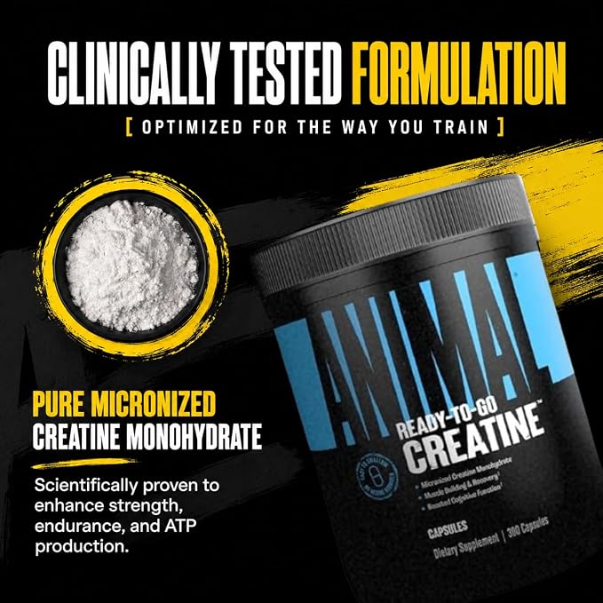 Animal Micronized Creatine Monohydrate Capsules - 300 Caps, 2500mg per Serving to Support Muscle Growth, Endurance, ATP Production, Cognitive Function, Strength, Recovery, and Delay Muscle Fatigue