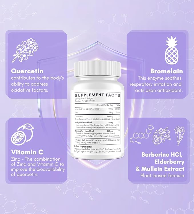 Quercetin with Bromelain | Liposomal Quercetin Supplements with Higher Absorption for Respiratory & Immunity* | Quercitin 1000mg with Vitamin C & Zinc, 60 Softgels (30 Day Supply)