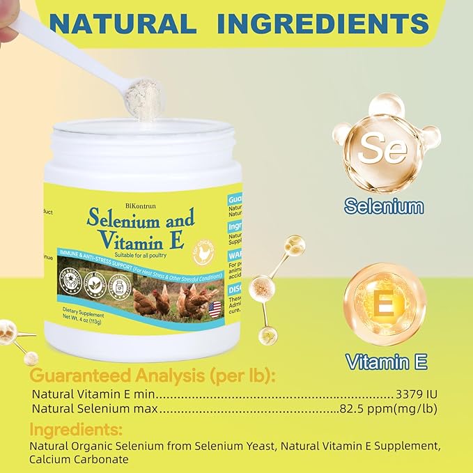 Selenium & Vitamin E Powder for Chickens, Selenium for Chickens, Immune System, Muscle Support & Prevents, Improve Wry Neck, Selenium, Vitamin E Supplements, Suitable for All Poultry, Chicken & More