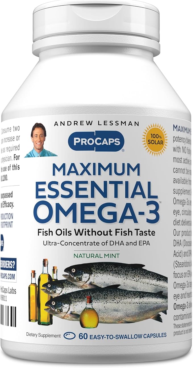 ANDREW LESSMAN Maximum Essential Omega-3 Mint - 60 Softgels - Ultra-Pure, High Potency Omega-3 Oils. High DHA, No Stomach Upset, No Contaminants, No Mercury. Small Easy to Swallow Softgels