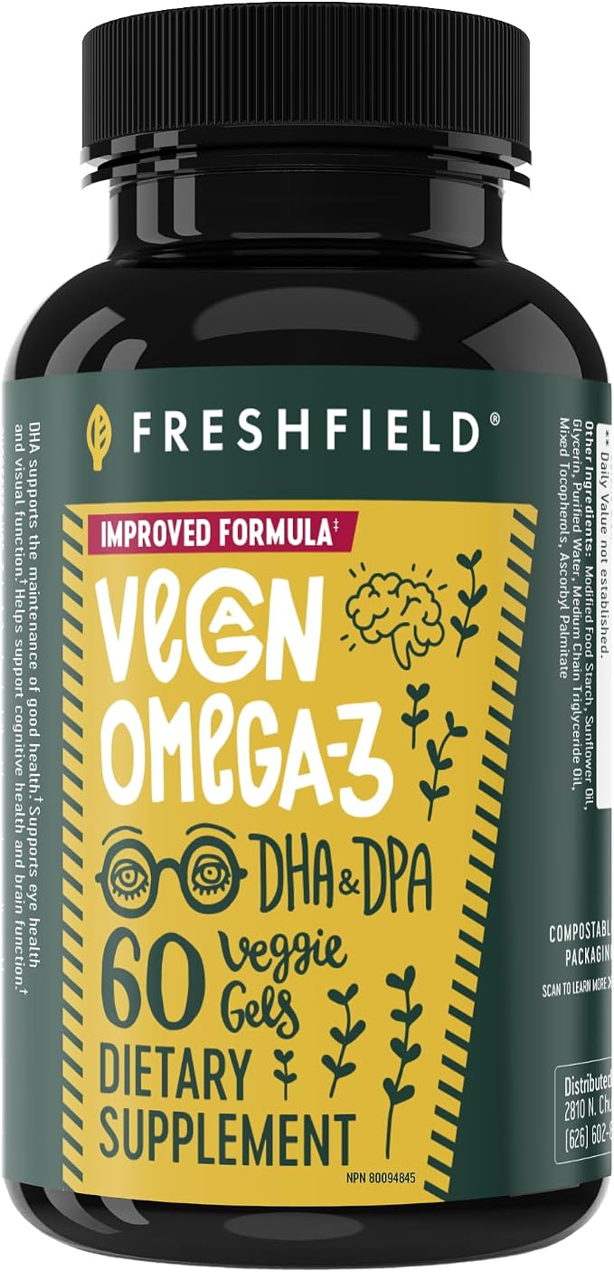 Freshfield Vegan Omega 3, Algae (Algal) Oil, Fish Oil Free Company, Third Party Tested, Carrageenan Free, DHA Supplement w/DPA, Plant Based Omega. Supports Heart, Brain, Joint Health