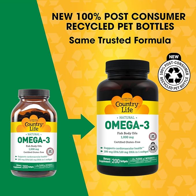 Country Life Omega-3 Fish Oil Supplement, 1000mg, 180mg EPA & 120mg DHA, Fish Oil Concentrate, Burpless, 200 Softgels, Certified Gluten Free