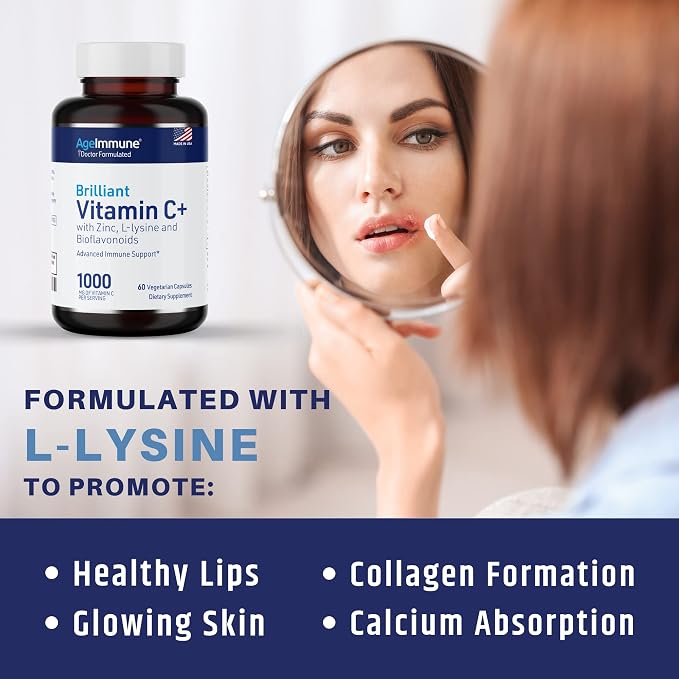AgeImmune Vitamin C 1000mg Complex with L-Lysine 500mg, Zinc 12mg, Bioflavonoids 300mg. Doctor Formulated Magnesium Stearate Free Supplements for Healthy Immune System Support.(1)
