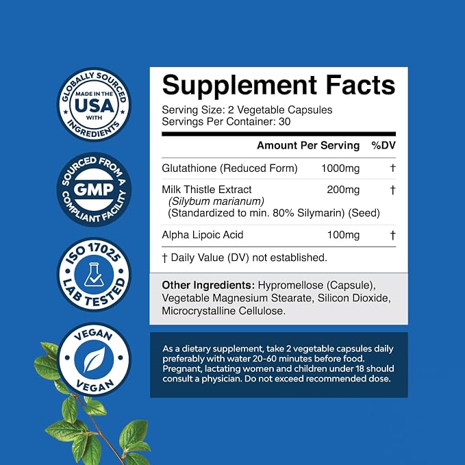 Reduced Glutathione Supplement with Milk Thistle - 1000mg per Serving Pure L Glutathione with Alpha Lipoic Acid & Milk Thistle Silymarin for Skin Radiance, Liver Support & Immune Support - 60 Count