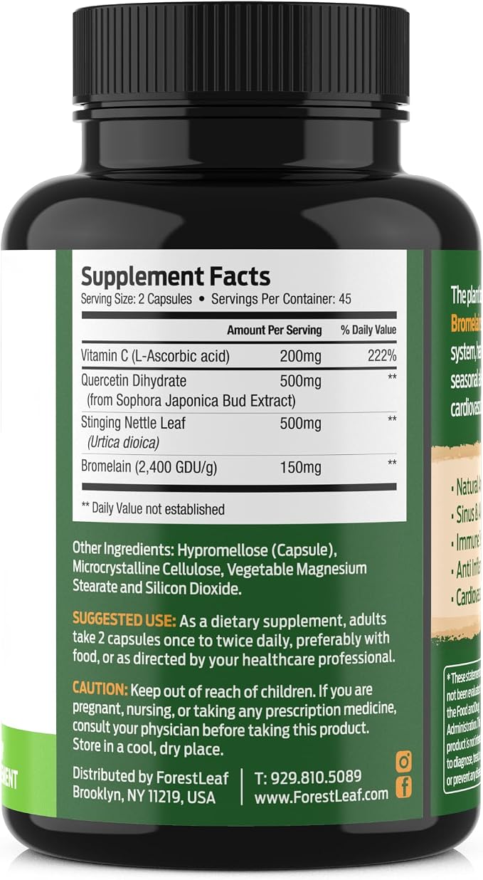 ForestLeaf Quercetin with Bromelain 1350mg - Blend with Vitamin C & Stinging Nettle Supplement, Quercetin 500mg Capsules, Non-GMO Gluten Free, Natural Function, 90 Veggie Caps