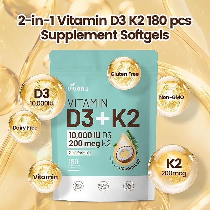 VivoNu Vitamin D3 K2 10000 IU with MK7-300 Virgin Coconut Oil Softgels, 2 in 1 Vitamins D & K Complex | Vitamina D3 con K2 (180 Capsules per / 1Bag)