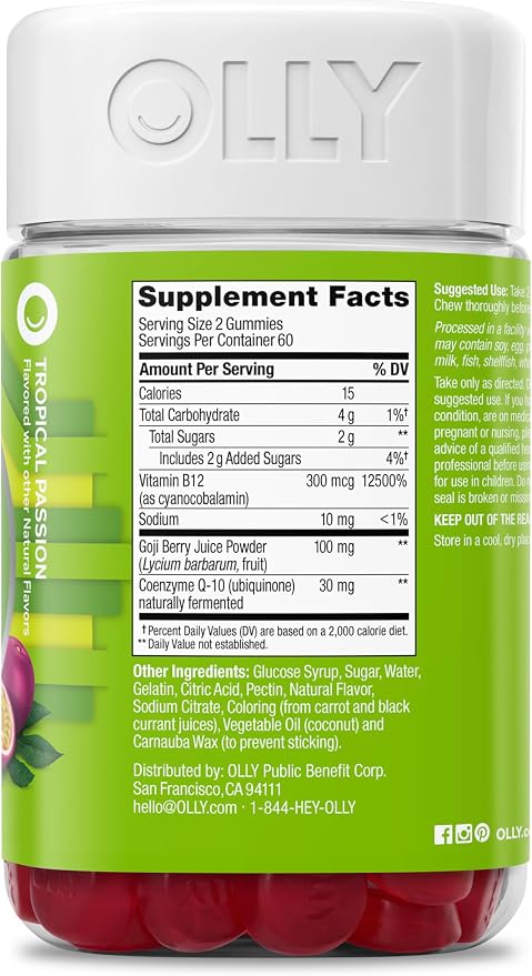 OLLY Daily Energy Gummy, Caffeine Free Cellular Energy Production,* Vitamin B12, CoQ10, Goji Berry, Adult Chewable Supplement, Tropical Passion Flavored, 60 Day Supply - 120 Count