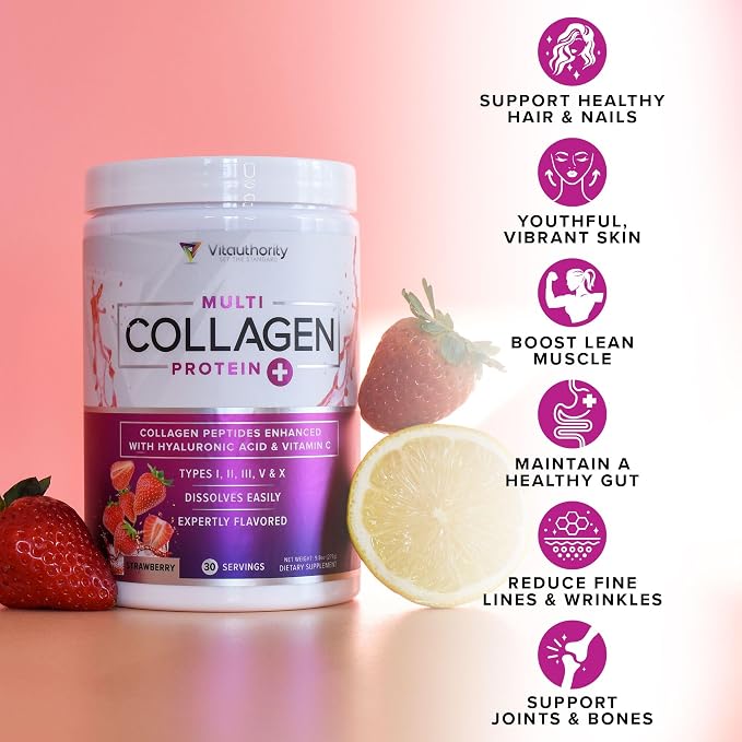 Multi Collagen Peptides Powder for Women - Hydrolyzed Flavored Collagen Powder for Women with Types I II III V & X Vitamin C & Hyaluronic Acid for Hair Skin and Nails (Strawberry) - 30 Servings