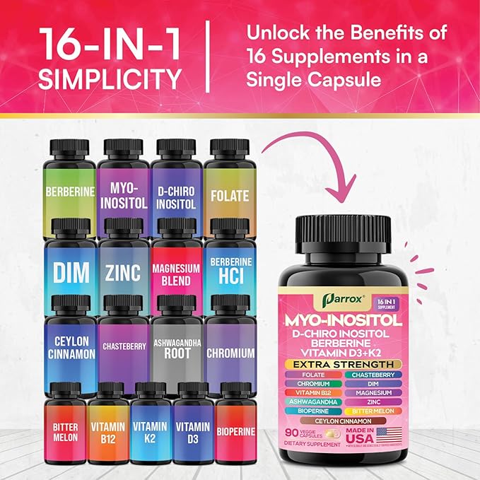 Myo-Inositol Supplement with D-Chiro Inositol, DIM, Berberine, Vitamin D3 + K2, Methylated B12, Chromium, Ceylon Cinnamon, Zinc, Ashwagandha, Chasteberry, Magnesium, Bioperine, Bitter Melon (3 Pack)