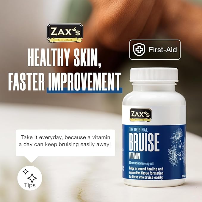 ZAX'S Bruise Vitamin Pharmacist Developed Bruising Supplements Potent Bruising Swelling Reducer, Zinc, Vitamin K, D3, Ascorbic Acid, Citrus Bioflavonoids, 60 Caps, Combine Arnica Bruise Cream