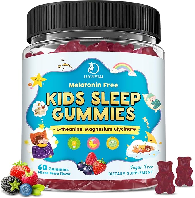 Kids Sleep Gummies with Magnesium Glycinate – Melatonin Free Bedtime Support for Kids – Calm & Relaxation with L-Theanine, GABA, Chamomile & Lemon Balm – Sugar Free Mixed Berry Flavor, 60 Gummies