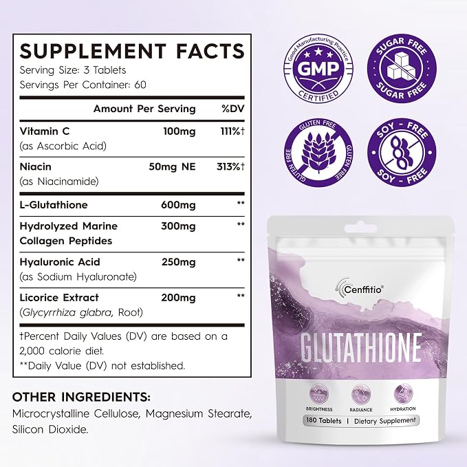 Glutathione Supplement – Skin Brightening Formula with Vitamin C, Niacinamide, Licorice Extract, Collagen & Hyaluronic Acid – for Skin Brightness, Radiance & Hydration – 180 Tablets