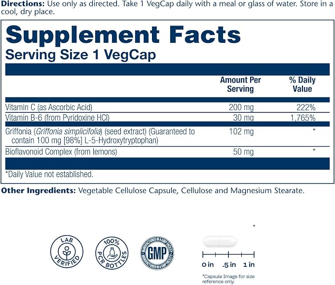 SOLARAY 5HTP 100mg with Vitamin C and Vitamin B6-5 HTP Supplement for Nerve Function - Cellular Energy - Lab Verified, 60-Day Guarantee - 30 Servings, 30 Enteric Coated VegCaps