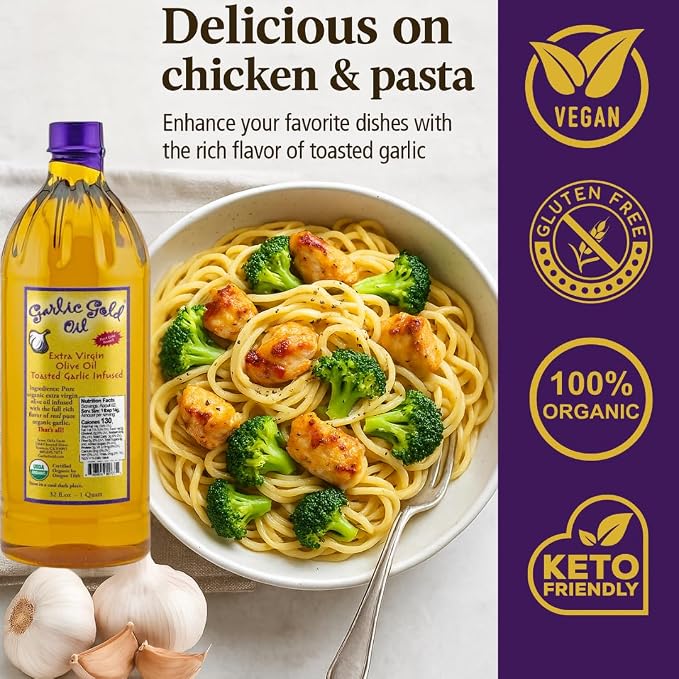 Garlic Gold Extra Virgin Olive Oil Infused with Garlic, Premium Certified USDA Organic, Low FODMAP, Cold Pressed (32 Fl Oz, 1 Pack)