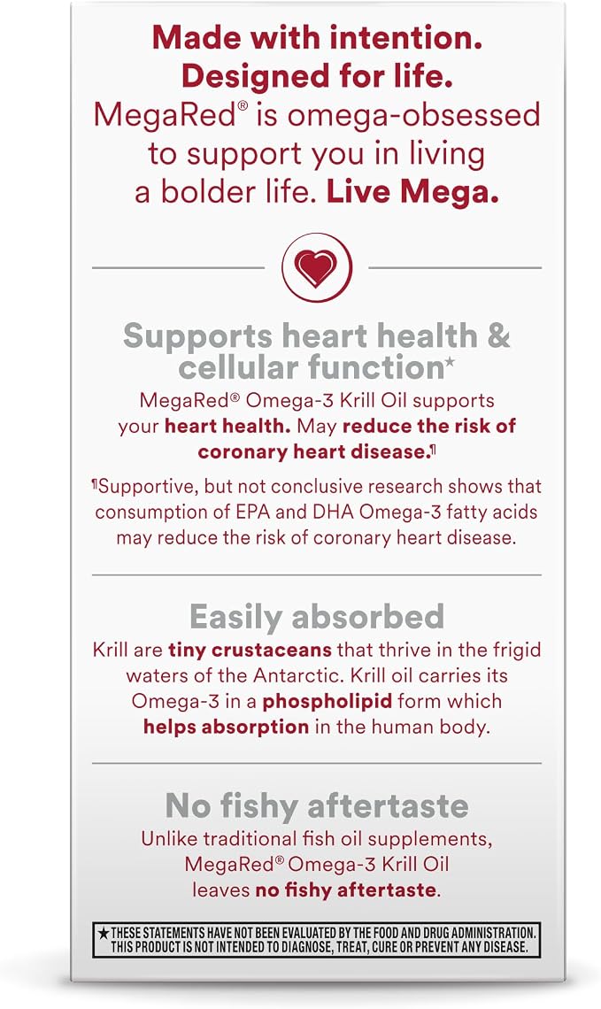 MegaRed Antarctic Krill Oil 750mg, Omega 3 Fatty Acid Supplement, Ultra Concentrate EPA & DHA Softgels, Antioxidant Astaxanthin, Heart Health Supplement with No Fish Oil Aftertaste, 80ct