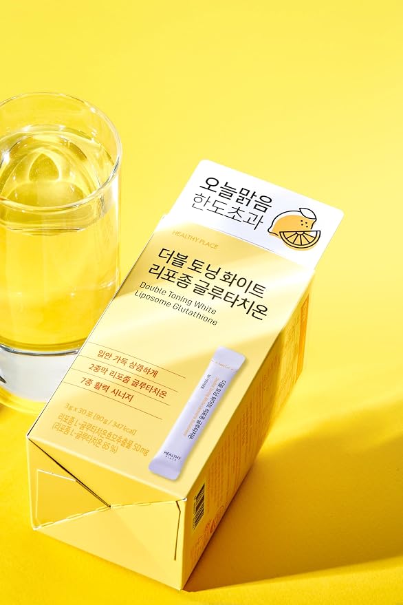 HEALTHY PLACE Double Toning White Liposome Glutathione Korean Beauty Supplement – Liposomal L-Glutathione, Vitamin C 500 mg, Vitamin E, Biotin & Fish Collagen 500 mg, Lime-Lemon Flavor – 30 Packets