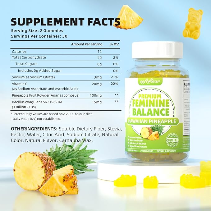 softbear Premium Feminine Balance Gummies for Women, Pineapple PH Balance Gummies for Women's Healthy Odor, Flora, Vaginal, Immune Support, Vegan, Gluten-Free, 60 Gummies