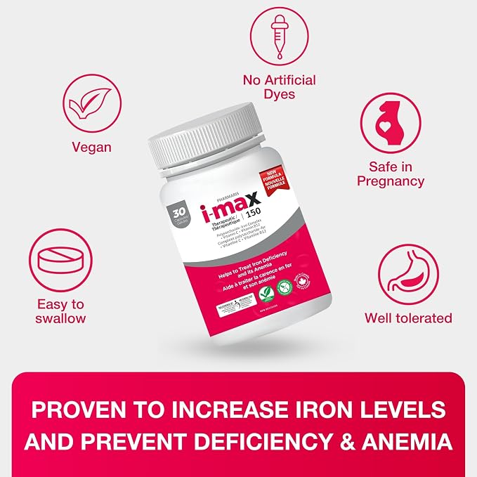 Pharmaris i-max Iron Supplement 150 mg, Vitamin C 250 mg & B12 1000 mcg, Iron Supplement for Women & Men, No Artificial Dyes, Vegan, Once Daily, 30 Capsules