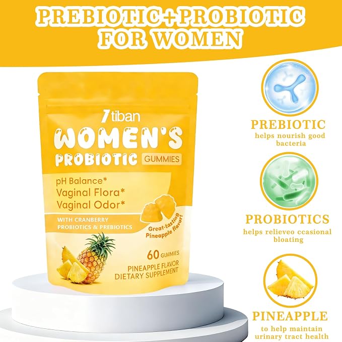 Vaginal Probiotics Gummies for Women, Premium Feminine pH Balance Gummies, Healthy Odor, Yeast Balance & Flora + Vitamin C for Immune Support, 60ct Pineapple Flavor