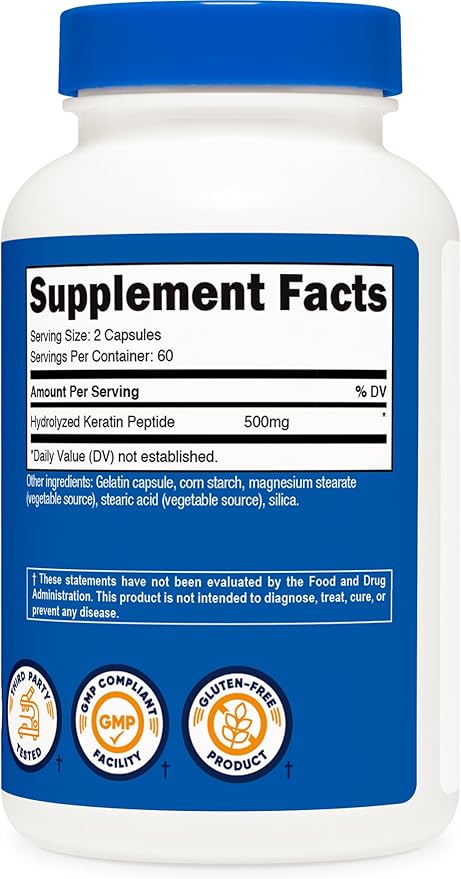 Nutricost Keratin Hydrolized Peptide Capsules - 500MG, 120 Capsules (60 Servings) - Non-GMO, Gluten-Free Formula