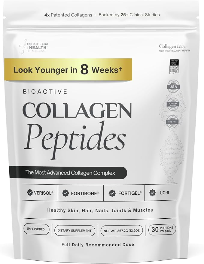 The Intelligent Health FORTIBONE®, FORTIGEL® & VERISOL®, Premium Bioactive Collagen Peptides Powder, Bone Support Functional Blend, Grass Fed Bovine Hydrolyzed Collagen, Unflavored, 30 Servings