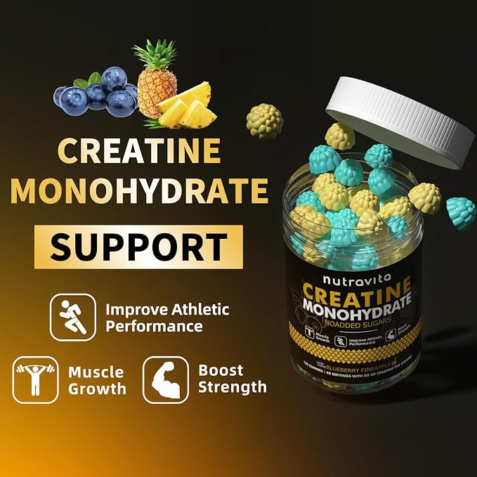 Nutravita NSF Certified Creatine Gummy - Creatine Monohydrate Gummies for Men & Women-5g of Creatine Monohydrate per Serving - Sugar Free,Vegan,Blueberry Pineapple Flavor, 120 Count