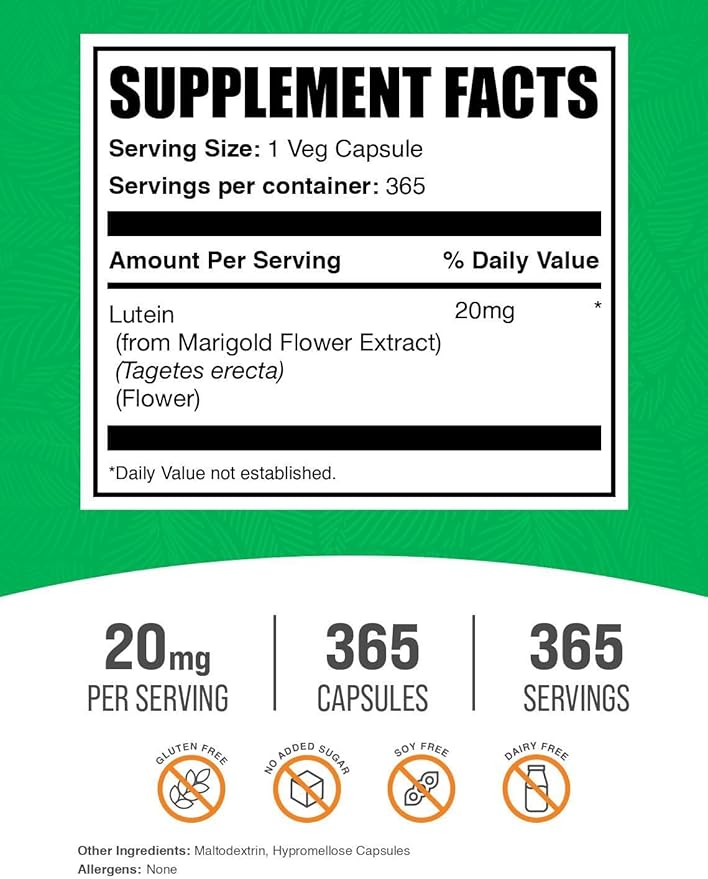 BulkSupplements.com Lutein Capsules - Eye Vitamins, Antioxidant Source - Gluten Free, 1 Capsule per Serving, 20mg Serving, 365 Count (Pack of 1)