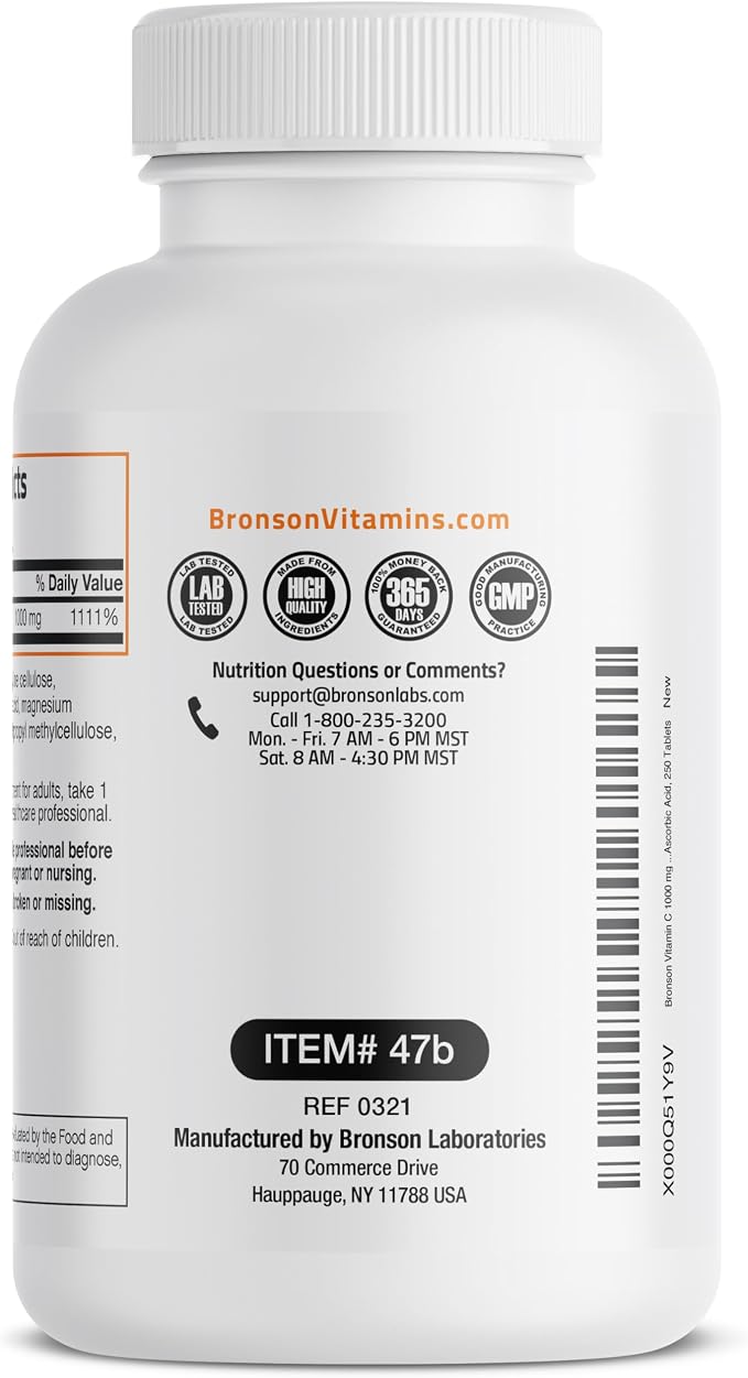 Bronson Vitamin C 1000mg Premium Non-GMO Ascorbic Acid Tablets, 250 Count